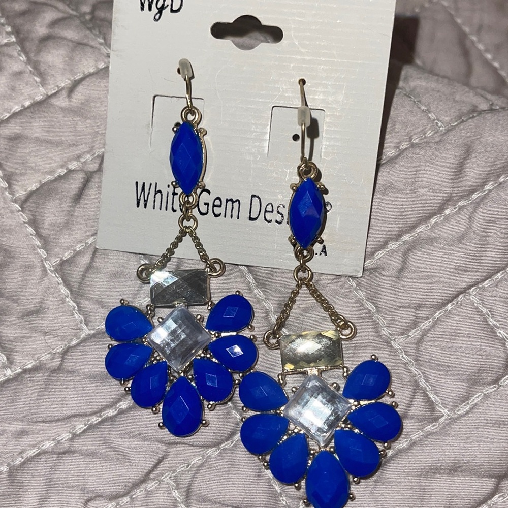 Royal blue stone and diamond drop down earrings.
